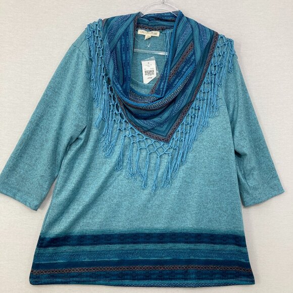 New Cactus + Pearl Large Blue 3/4 Sleeve Stretch Knit Scarf Boho Print Top - Picture 1 of 8
